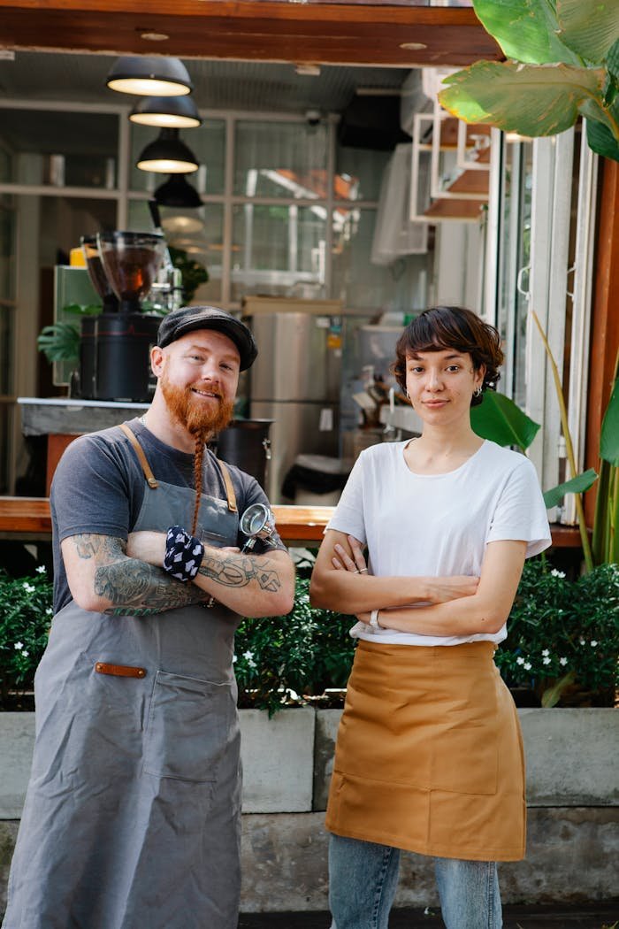 Two baristas standing with arms crossed outside a cozy café, exuding confidence and teamwork.